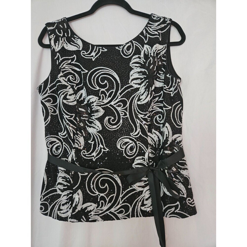 Jeanne Alexander Black and White Sequin Peplum Top Ribbon Tie‎ Womens Med